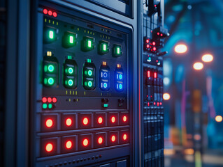 Futuristic control panel with illuminated buttons and indicators, set against a blurred city backdrop.