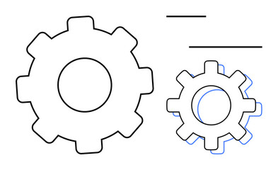 Two simplified gears of different sizes, overlapping with minimalist design and lines. Ideal for teamwork, collaboration, workflow, engineering, automation, process improvement, and systems