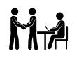 © Ezra - Stickman business handshake with laptop worker icon. Teamwork, partnership, deal agreement, office cooperation, or job interview concept. Vector illustration isolated on white background.