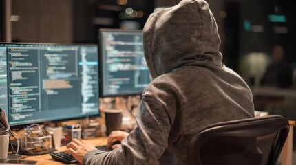 Wall Mural - Programmer working on multiple screens at night.