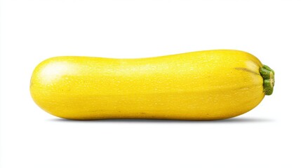 A fresh yellow squash is shown in a closeup shot, isolated on a white background, for use in culinary applications