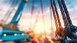 © bach - rigging. Industrial crane cables and rigging at a port during a warm sunset. inspiring travel planning, safety posters, designed for precision metalworking and fabrication facilities.