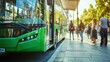 © Iuliia Metkalova - People boarding electric bus at modern city stop representing sustainable transport smart urban mobility eco infrastructure and clean energy future innovation