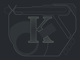 Technical Alphabet Letter K Schematic. Abstract data processing and programming font concept