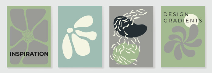 Wall Mural - Abstract wall art vector set. Natural and organic shape with green blue tone colors. Illustration design for Eco packaging, interior, cover, wall art, wallpaper.