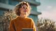 © rehan - A young woman with curly blonde hair smiles warmly, bathed in sunlight while holding a digital tablet, as she looks up towards the sky, with a modern building in the background and an out-of-focus...