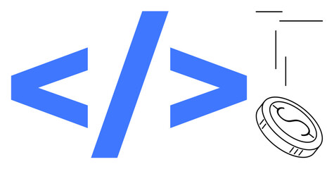 Coding syntax elements paired with a coin, representing technology, finance, and programming. Ideal for innovation, software development, fintech, coding economy, digital transformation web