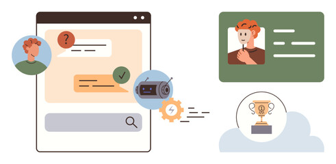 Online chat interface with AI integration, user profiles, and trophy for achievements. Ideal for customer support, communication, automation, gamification, profile management, tech services simple