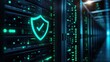 © Nice Seven - A high-tech server room with glowing green lights and a digital shield symbol, representing cybersecurity and data protection.