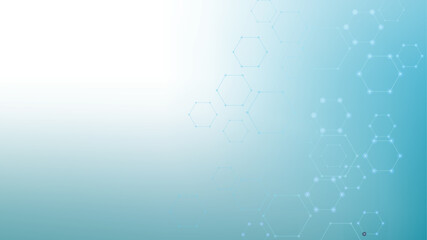 Wall Mural - Health care or medical abstract background with hexagons, lines and dots. Scientific innovation banner template concept. Biology and pharmaceutical technology background. Vector illustration.