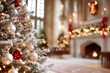 © dashtik - Elegant holiday decor in grand historic venue with festive christmas tree and fireplace
