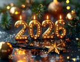 Palące się złote świece w kształcie cyfr tworzące napis 2026 otoczony bombkami, szyszkami, gwiazdami i gałązkami świerku. Sylwester, Nowy Rok