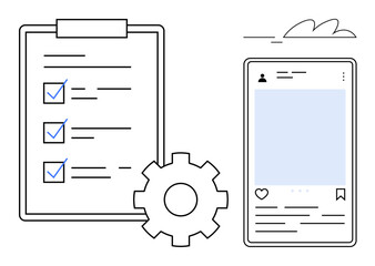 Task checklist with checkmarks, social media interface on smartphone, and a gear. Ideal for productivity, management, workflow, social media strategy, organization, analytics simple flat metaphor