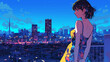 © 963k - 夜の街並みに映えるパーティードレス姿の女性キャラクター、80年代アニメ調のレトロでスタイリッシュなシティポップ系ビジュアルイラスト素材