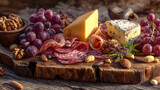Meat and cheese charcuterie board grapes nuts rustic wooden
