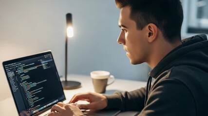 Focused young programmer coding on a laptop at night. Male software developer working on a computer at his desk. Information technology and remote work concept