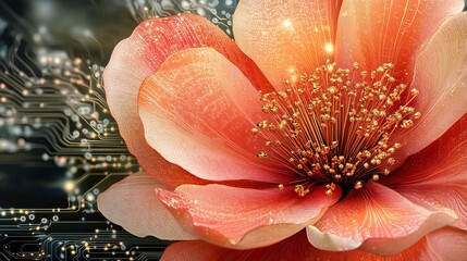 Abstract flower bloom reveals intricate circuits and golden stamen against blurred tech background.