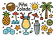 © Svitlana - Tropical Drink Doodle. Pina Colada. Colorful Hand-drawn doodle Children illustration Coconut, pineapple, cocktail glass, straw, umbrella, cherry, ice cubes,