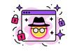 © Влада Яковенко - Incognito Privacy Illustration. Private browsing. A glowing incognito face with glasses and hat on a browser window, abstract floating locks and