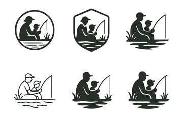 Wall Mural - Family Fishing Logos. Fishing at the lake. Set Logo of family fishing: parent and child fishing together by lake. harmonious logo variations of the same