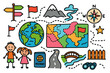 © Viacheslav - Colorful World Symbols. National Borders. Colorful Hand-drawn doodle Children illustration Globe, map, dotted border lines, compass, signpost, flag, mountain,