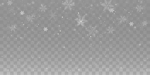 Wall Mural - Snowflakes vector, falling snow background transparent. Winter cold weather, white flakes flying in air, frosty particles texture, frozen crystal overlay, holiday season cold atmosphere.

