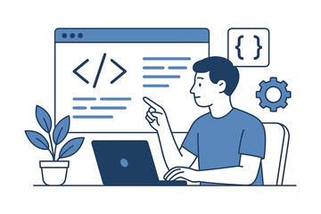 Flat design concept of web developer with laptop and code elements