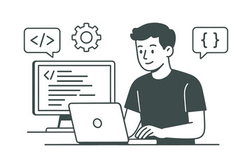 Flat style programmer at work with laptop and code elements in minimalist office setting