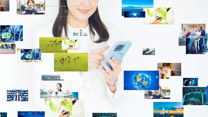 Wall Mural - A woman using a smartphone and video content
