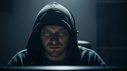Hacker activity at night, showcasing hacker, computer, and dark room ambience. Hacker is coding something on his computer, deep in code and avoiding detection, wearing hoodie.
