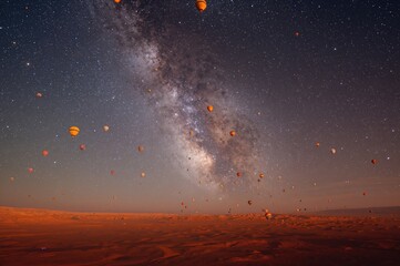 Wall Mural - Aerial view of numerous balloons floating over a red soil desert