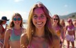 © li - happy friends having fun on the beach, smiling young woman in carnival, Holi colors. High quality