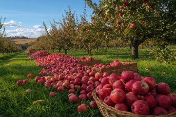 Wall Mural - Baskets and crates filled with red apples resting on lush grass during the fall season in an orchard.