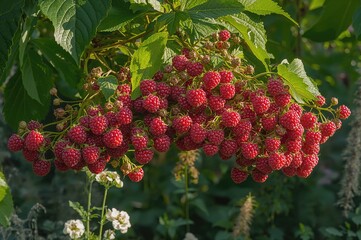 Wall Mural - Branch of raspberry with mature red fruits in the backyard