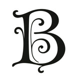 Letter "B" in Art Nouveau style, decorative vintage alphabet symbol with elegant swirls, black and white PNG image with transparent background. Illustration by Generative AI.