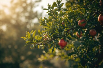 Wall Mural - Young fruits and foliage on a pomegranate plant highlighted