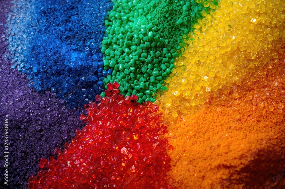 Colored polymer pellets. Plastic colorant granules. Pigmented plastic ...