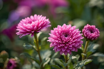 Wall Mural - Vibrant pink chrysanthemum flowers blossoming outdoors
