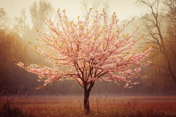 Wall Mural - Blossoming pink tree set against a natural backdrop - Seasonal spring scene