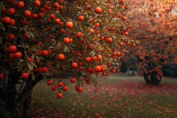Wall Mural - Ripe persimmons hanging on a garden tree in autumn
