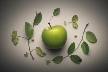 Wall Mural - Picture of an apple with a wedge and foliage on a white background