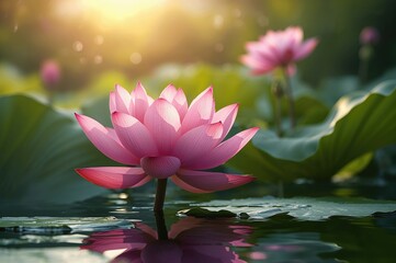 Wall Mural - Sunny day with a pink lotus blooming in the water, surrounded by green leaves and natural beauty