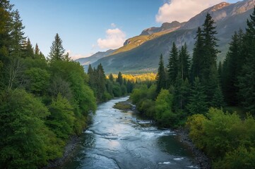 Wall Mural - A vibrant river meanders through dense greenery in a picturesque mountainous region.