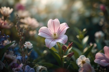Wall Mural - Prairie gentian blossoms set against a garden backdrop, featuring floral patterns and vintage summer vibes for weddings and nature lovers