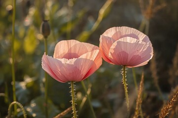 Wall Mural - Close-up view of a pair of vibrant pink poppy blooms