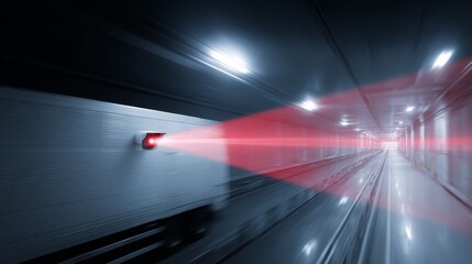 Wall Mural - A dynamic image of a tunnel illuminated by bright lights and a striking red laser beam. The composition captures the essence of speed and modern technology. A captivating style for various uses. AI