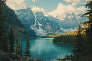 Wall Mural - Hand-Drawn Scene of a Forested Mountain Lake, Version 1