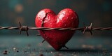 A fractured heart pierced by barbed wire, a poignant symbol of emotional distress and confinement