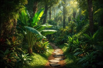 Wall Mural - Dense tropical greenery with banana trees