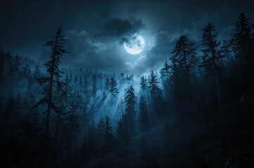 Wall Mural - Dense woodland under a cloudy night with a bright full moon